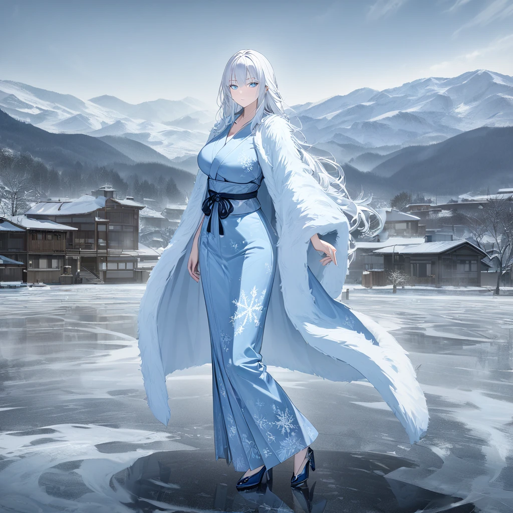 a woman wearing a pale blue yukata with a snowflake symbol, Japanese heels, ice white hair, ice blue eyes, expressionless face, large white fur cape, large breasts, full body, walking on a concrete platform overlooking a frozen lake and mountains in the background, some houses, daytime location with lighting,hdr, ultra resolution, sharp, masterpiece, 8K HD (solo woman)

