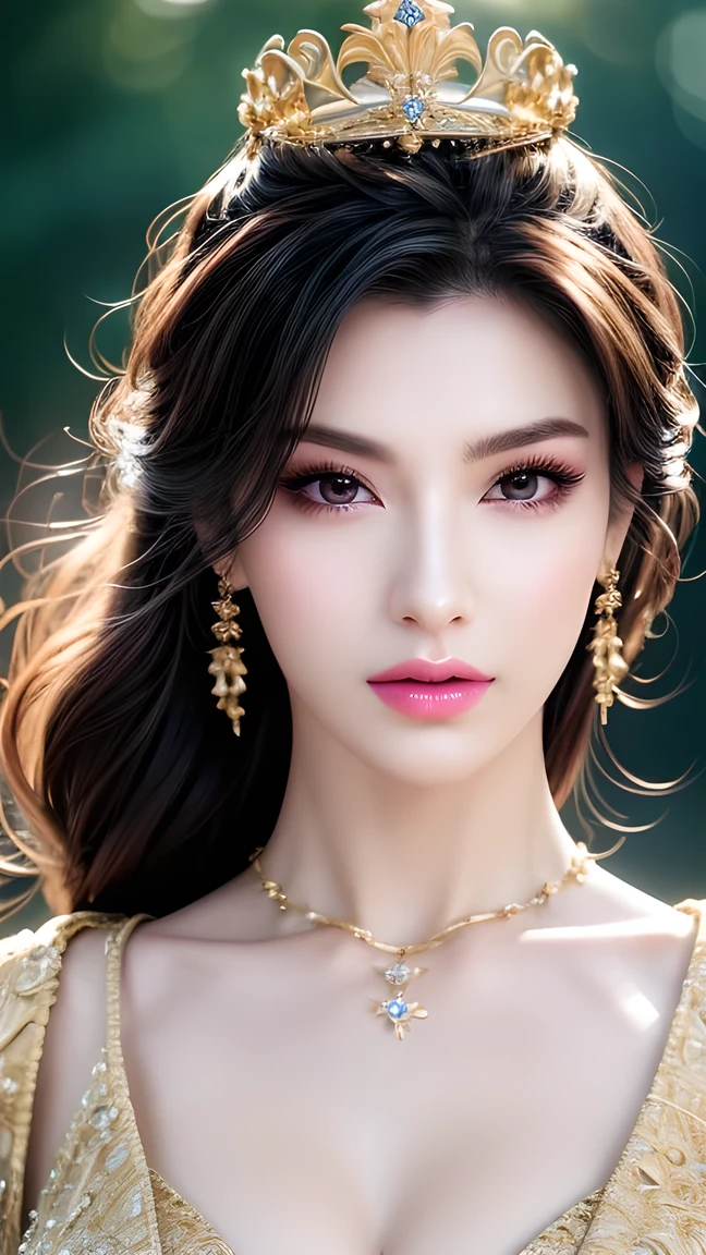  A Beautiful Queen ,  Extremely Detailed Face ,  Beautiful and detailed eyes ,  Beautiful Delicate Lips , Long eyelashes,  perfect skin, crown,  Gorgeous Gold Jewelry ,  Flowing Silk Dress ,closure_up,Exquisite makeup, is of the best quality,Amazing,masterpiece,Beautiful, Ultra HD, super detailed,8K, clearly focuses ,( extremely detailed CG Unity 8K wallpaper),No teeth showing，Not blurry，Sexy，A beautiful full-body photo。