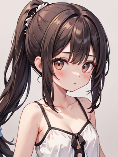  one girl、As-、 cute underwear、 upper body portrait in the midst of patience、 sleeveless、poneyTail、  brown hair、Brown eyes、 Long Ponytail 、Medium bust、 College Student 、 cleavage、 camisole , big chest