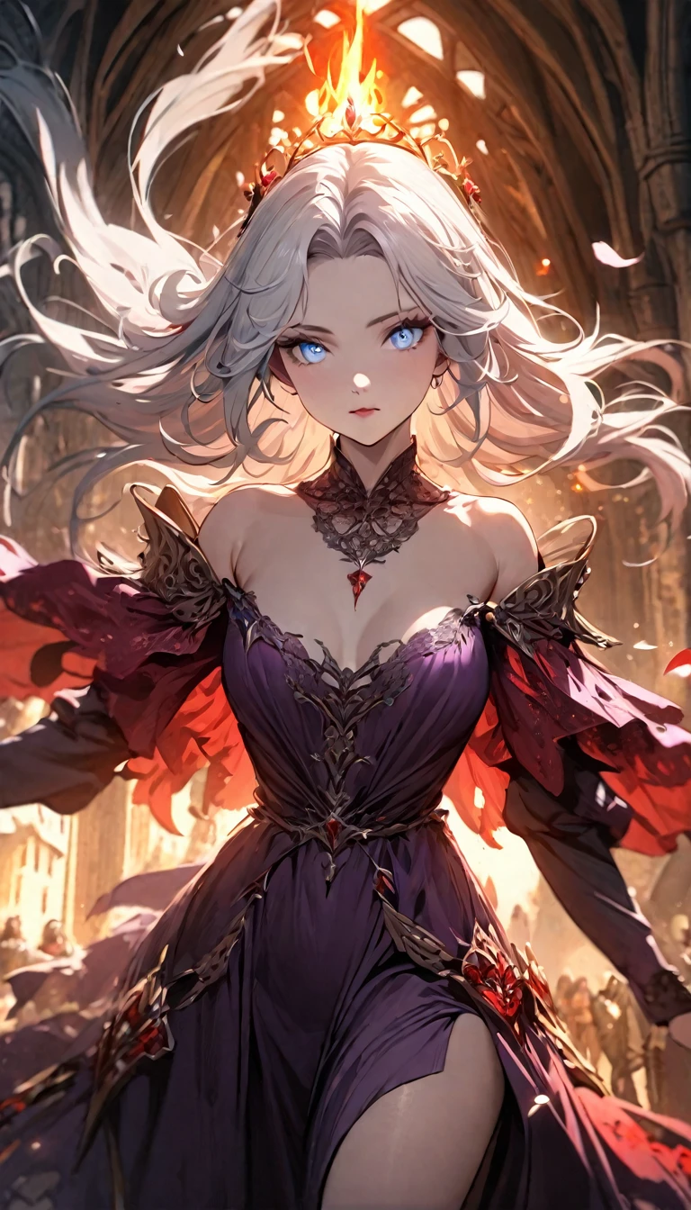 (best quality,4k,8k,highres,masterpiece:1.2)a beautiful woman with long white hair, bangs, light blue eyes, fair skin, royalty, medieval, purple dress, red butterflies made from fire, flowers, petals,ultra-detailed ,fantasy,cinematic lighting,dramatic colors,intricate details,volumetric lighting,highly detailed face,extremely detailed eyes and face,longeyelashes,elegant pose,delicate features,radiant skin,glowing aura,magical atmosphere,ethereal beauty,mesmerizing