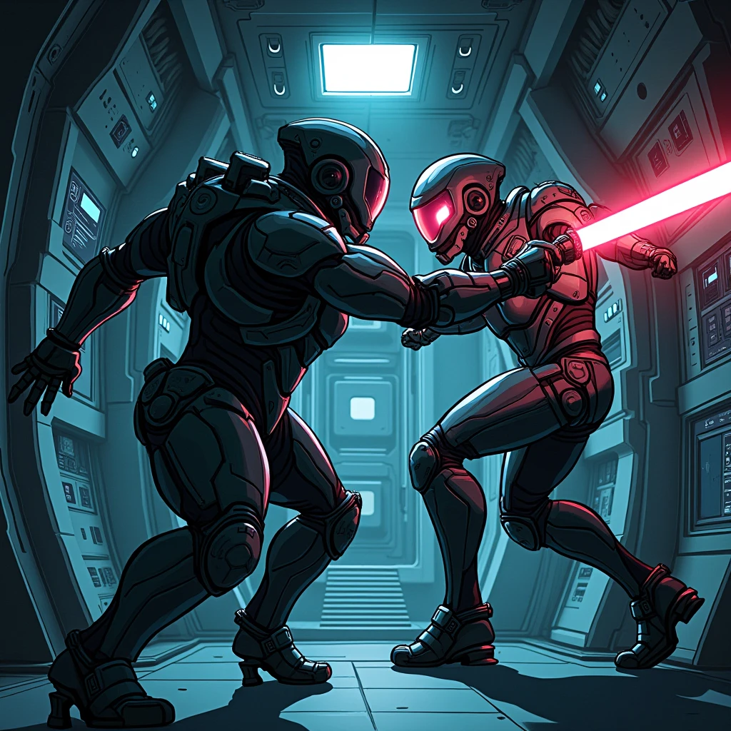 anime style . A space soldier , com armadura mass effect, attacking another soldier from behind, with a small plasma knife , in a room of a spaceship.