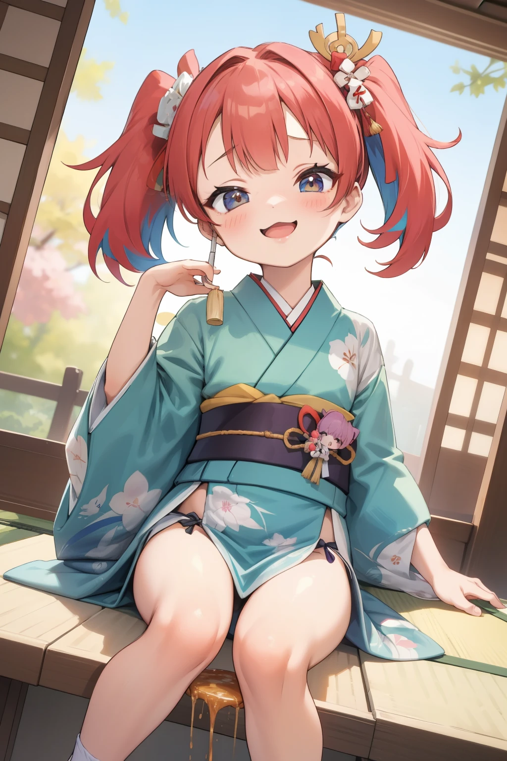 ( Japanese )，  young girl， Cute Loincloth ，Japanese festival，Cute kimono，I saw the world，Urine stains，(Side Pony,  colorful hair)，