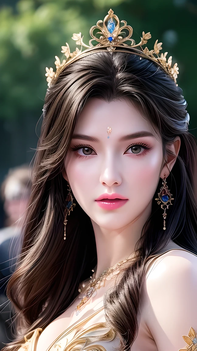  A Beautiful Queen ,  Extremely Detailed Face ,  Beautiful and detailed eyes ,  Beautiful Delicate Lips , Long eyelashes,  perfect skin, crown,  Gorgeous Gold Jewelry ,  Flowing Silk Dress ,closure_up,Exquisite makeup, is of the best quality,Amazing,masterpiece,Beautiful, Ultra HD, super detailed,8K, clearly focuses ,( extremely detailed CG Unity 8K wallpaper),No teeth showing，Not blurry，Sexy，A beautiful full-body photo。