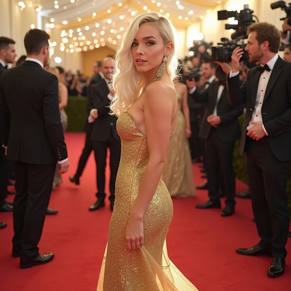 MET GALA photo realistic, dress gilded glamour, blonde woman Taylor Swift model face, perspective from afar 