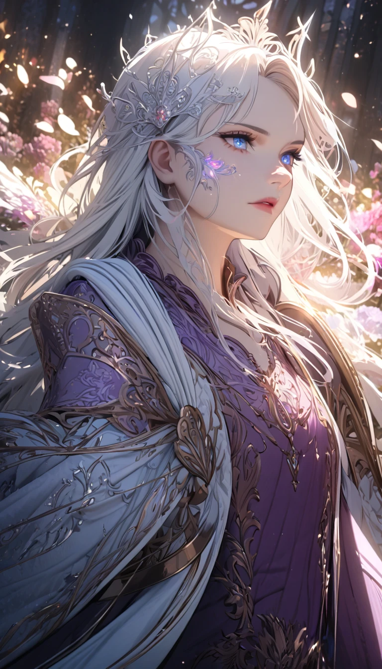 (best quality,4k,8k,highres,masterpiece:1.2)a beautiful woman with long white hair, bangs, light blue eyes, fair skin, royalty, medieval, purple dress, a red dragon behind her, flowers, petals,ultra-detailed ,fantasy,cinematic lighting,dramatic colors,intricate details,volumetric lighting,highly detailed face,extremely detailed eyes and face,longeyelashes,elegant pose,delicate features,radiant skin,glowing aura,magical atmosphere,ethereal beauty,mesmerizing