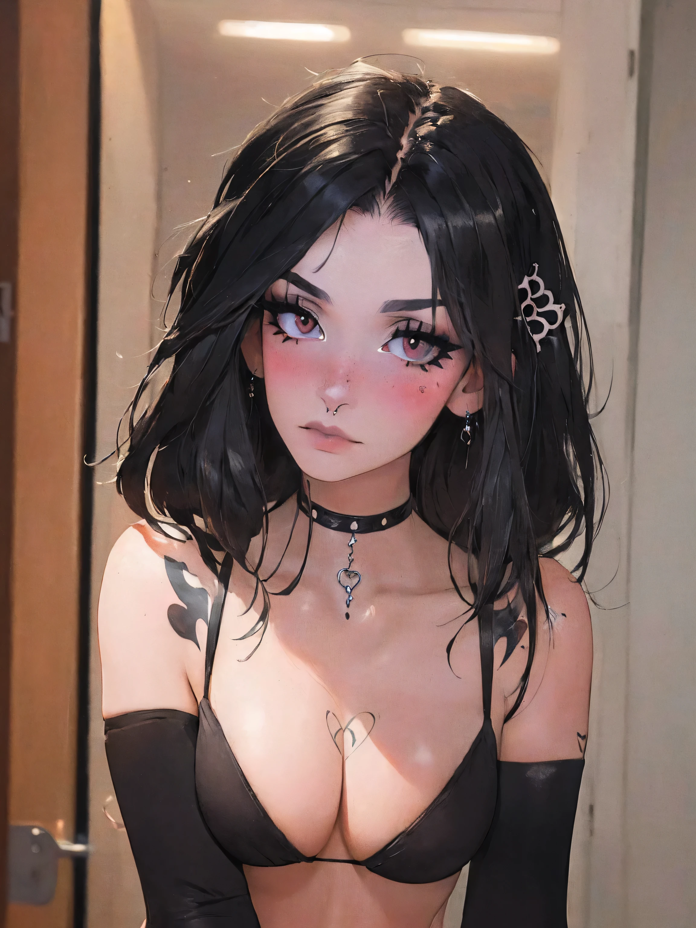 ((((masterpiece, best quality, high resolution)))), Extremely detailed 8K, Beautiful girl with slender body, e-girl, milkgore, tik tok girl, medium breasts, black hair, ((tattoos, septum piercing, goth makeup, nose blush))
