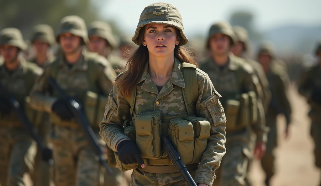 8k, best quality, masterpiece:1.2), (realistic, photo-realistic:1.37), ultra-detailed, Israeli female soldiers wear torn military clothing with open buttons and a red bra visible. ripped oufit, torn outfit, sad face, crying face,