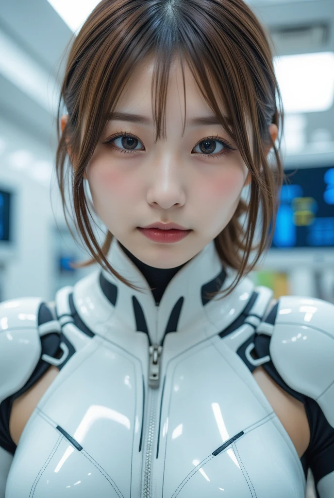 1girl,gal,android woman,realistic:1.37,perfect anatomy,(full body portrait),close-up of woman,Cute and completely beautiful Japanese idol, female model,Modified into a cute cyborg,(blue led eyes:1.3),(white bio acrylic body:1.2),detailed connection lines, Wires and cables connecting to the head,cybernetics,cyber 3ink,intricate decorative details,The background is the interior of a robotic operating room.,monitor screen