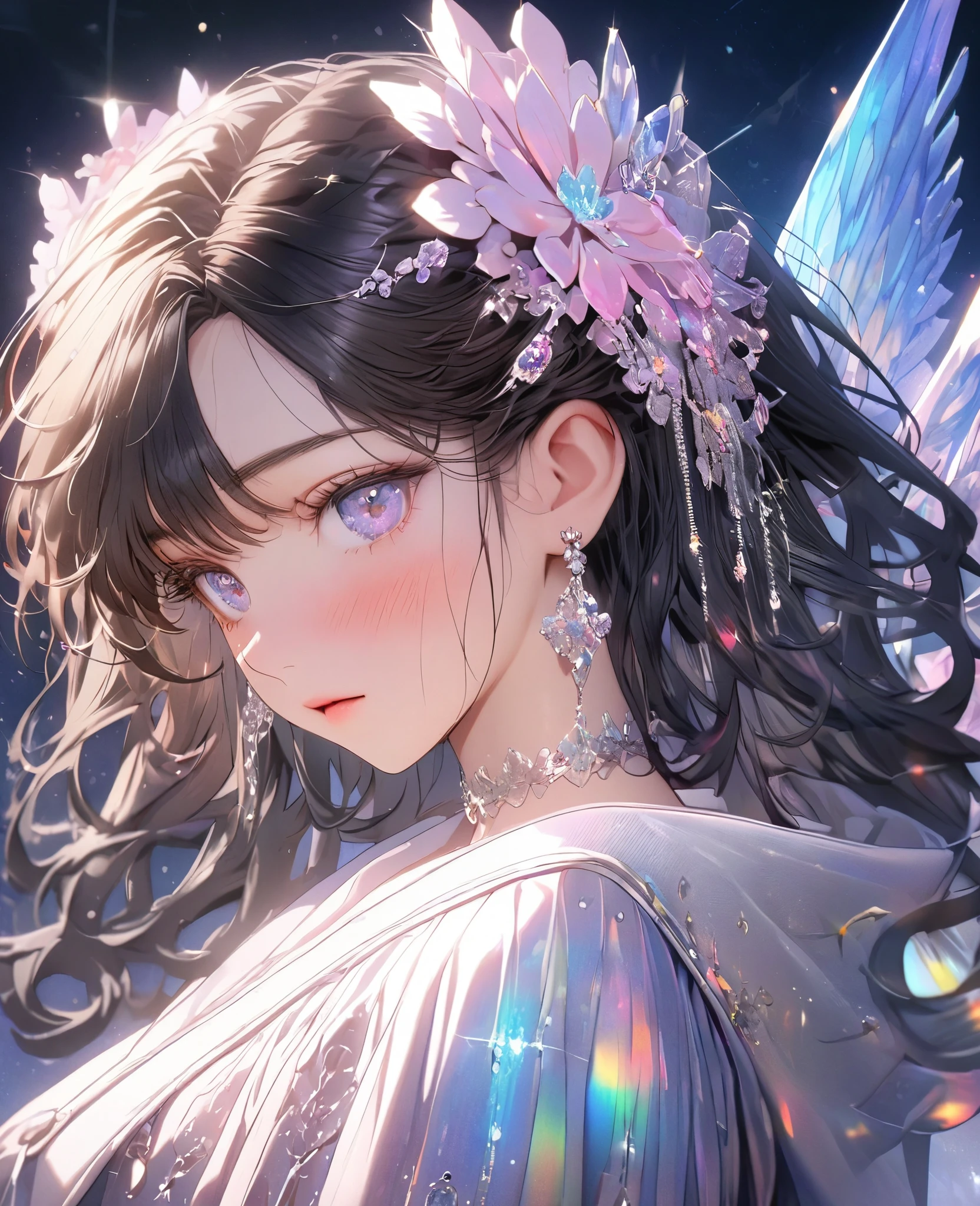 8k,Ephemeral beauty,Very delicate and beautiful,Beautiful and realistic skin,Hair that shines like a jewel,Black Hair、Long and colorful hair,Beautiful Eyes,good,Beautiful night sky、shy、white, Ruffled adult clothes、goddess