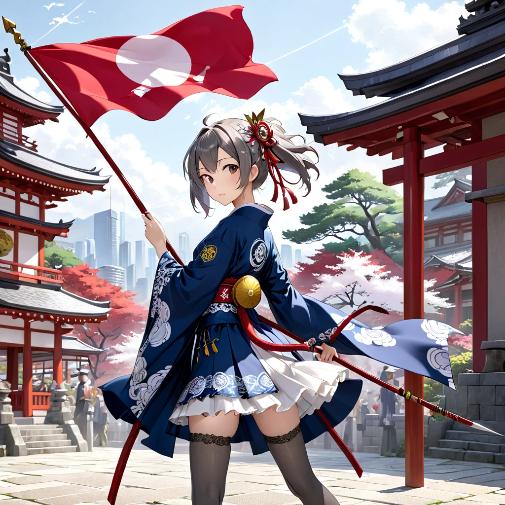 (   Very Detailed CG Octane Rendering 8K Wallpaper with Long Spears ),   World's Most Beautiful Artwork  ,  A flag with a coat of arms attached to a long spear,  complicated,   high detail, Shrine maiden, Lace embroidery,   Japanese Kimono, cotton cloth,  Strong winds, Grey tights ,   best quality, Disarray of clothing,   thighs, Skirt lining, Bloomersー、Benihama 、 with a flag attached to a long spear 、、Ramparts、Bloomers
