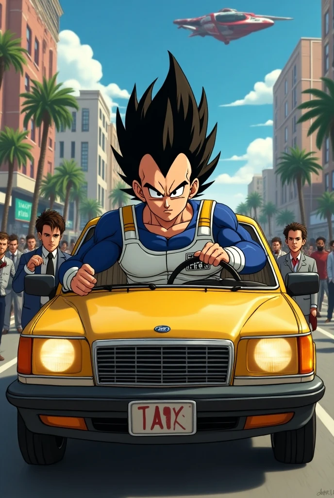 The host Vegeta, who came in a suit, sits on the throne