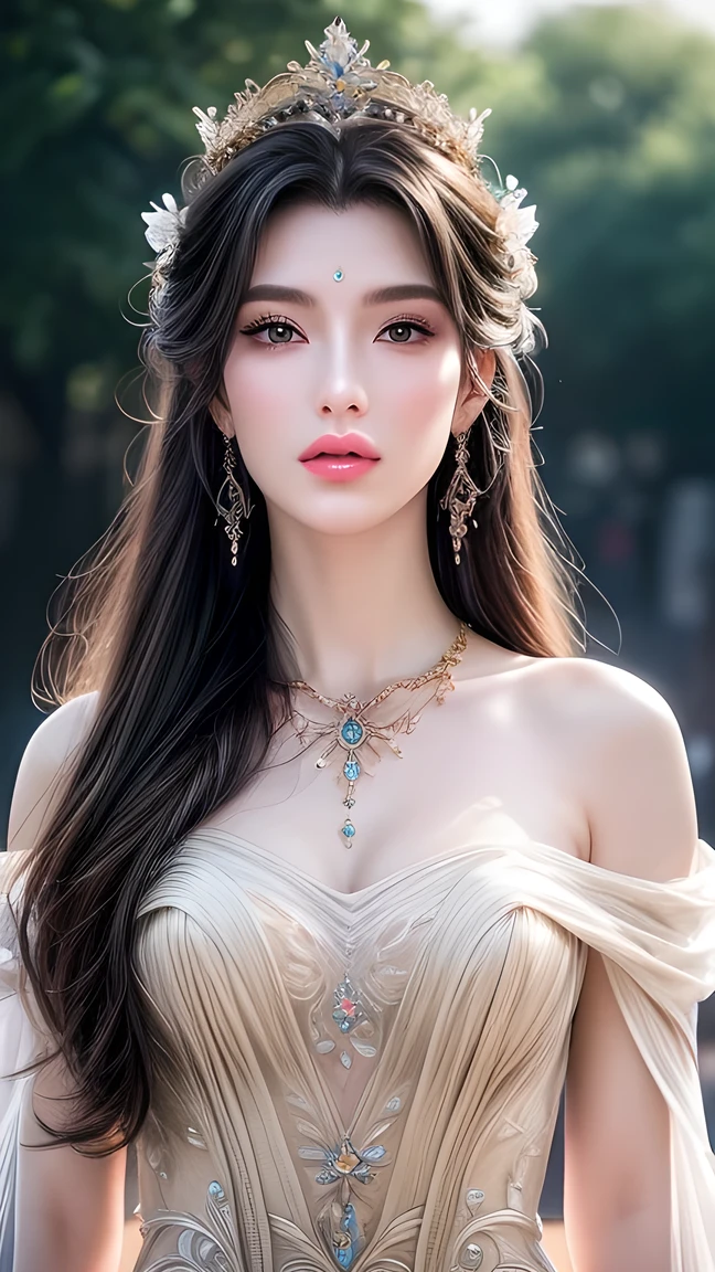 A Beautiful Queen , Extremely Detailed Face , Beautiful and detailed eyes , Beautiful Delicate Lips , Long eyelashes, perfect skin, crown, Gorgeous Gold Jewelry , Flowing Silk Dress ,closure_up,Exquisite makeup, is of the best quality,Amazing,masterpiece,Beautiful, Ultra HD, super detailed,8K, clearly focuses ,( extremely detailed CG Unity 8K wallpaper),No teeth showing,Not blurry,Sexy,A beautiful full-body photo。