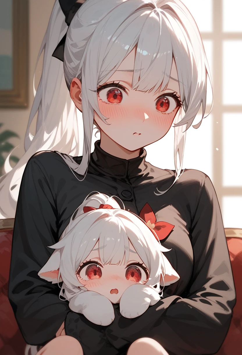 neferpitou, neferpitou, cabello corto, (ojos rojos:1.5), mangas largas, orejas de animales, cola, pelo blanco, bermudas, orejas de gato, cat cola, Pelo RIZADO, (little mom:1.2), ROMPER looking at viewer, ROMPER outside, ROMPER (Obra maestra:1.2), mejor calidad, high resolution, fondo de pantalla de unidad 8k, (illustration:0.8), (beautiful decolaed eyes:1.6), extremely decolaed face, Perfect lighting, extremely decolaed CG, (manos perfectas, perfect anatomy),