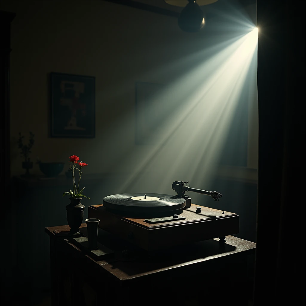 Vintage Record Player, with the powerful and expressive moving shadows, mesmerizing, theatrical scene unfolds in light and dark.

full body, Professional, perfect composition, ultra-detailed, intricate details, best quality, masterpiece