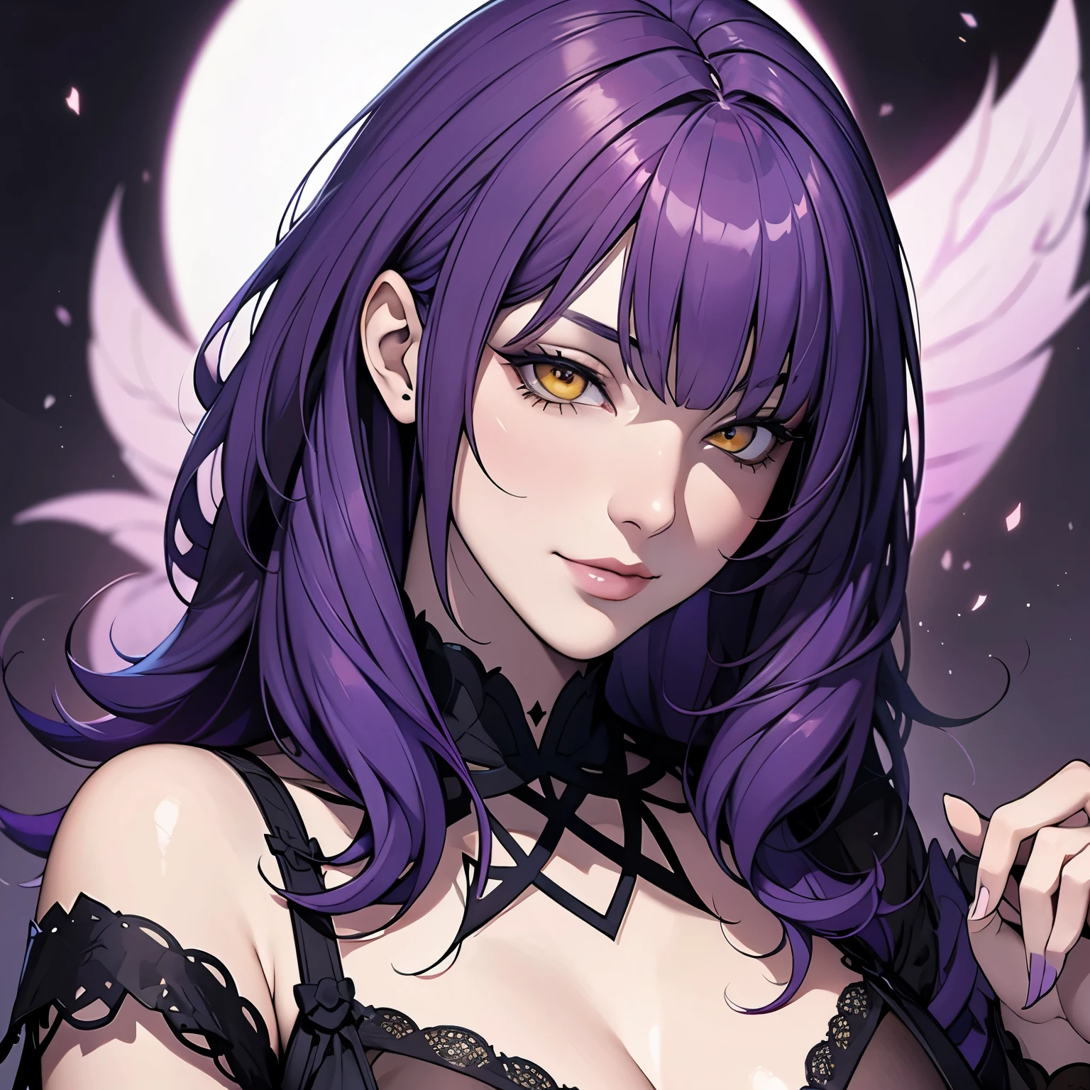 A black haired woman with violet eyes with an hourglass figure with black fox ears and a black fox tail in a Gothic ta dress is laying on a bed