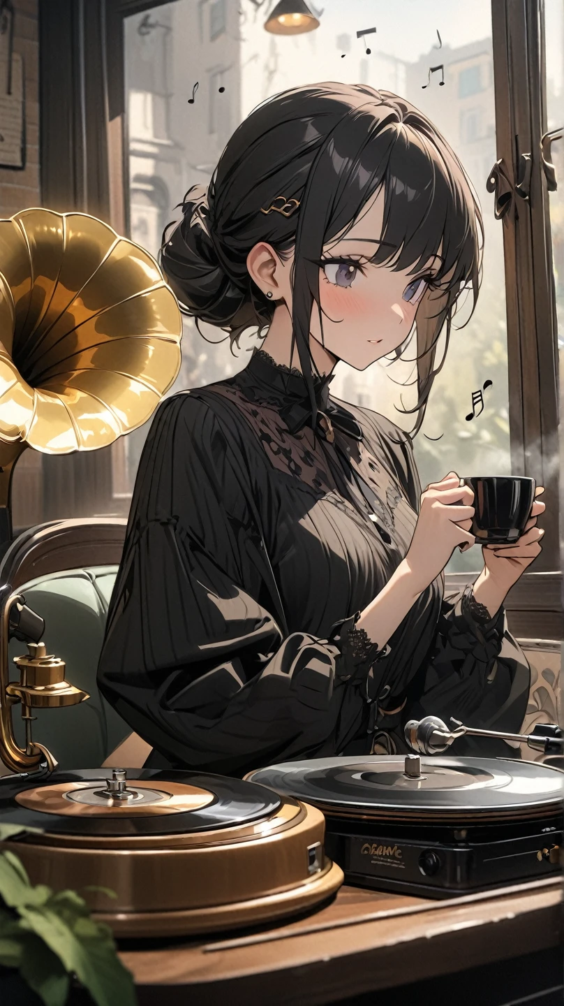 (Masterpiece, High Quality, High Quality, Detail, 4K, 8K, Aesthetics: 1.2), music playing on a vintage record player (a beautifully crafted gothic phonograph), a retro, stylish cafe, a pretty girl (one) sitting, drinking coffee at a stylish desk, looking out the window, a A quiet and elegant time, a surreal and beautiful picture of beautiful music notes seem to be flying around the restaurant.