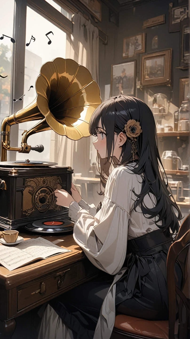 (Masterpiece, High Quality, High Quality, Detail, 4K, 8K, Aesthetics: 1.2), music playing on a vintage record player (a beautifully crafted gothic phonograph), a retro, stylish cafe, a pretty girl (one) sitting, drinking coffee at a stylish desk, looking out the window, a A quiet and elegant time, a surreal and beautiful picture of beautiful music notes seem to be flying around the restaurant.