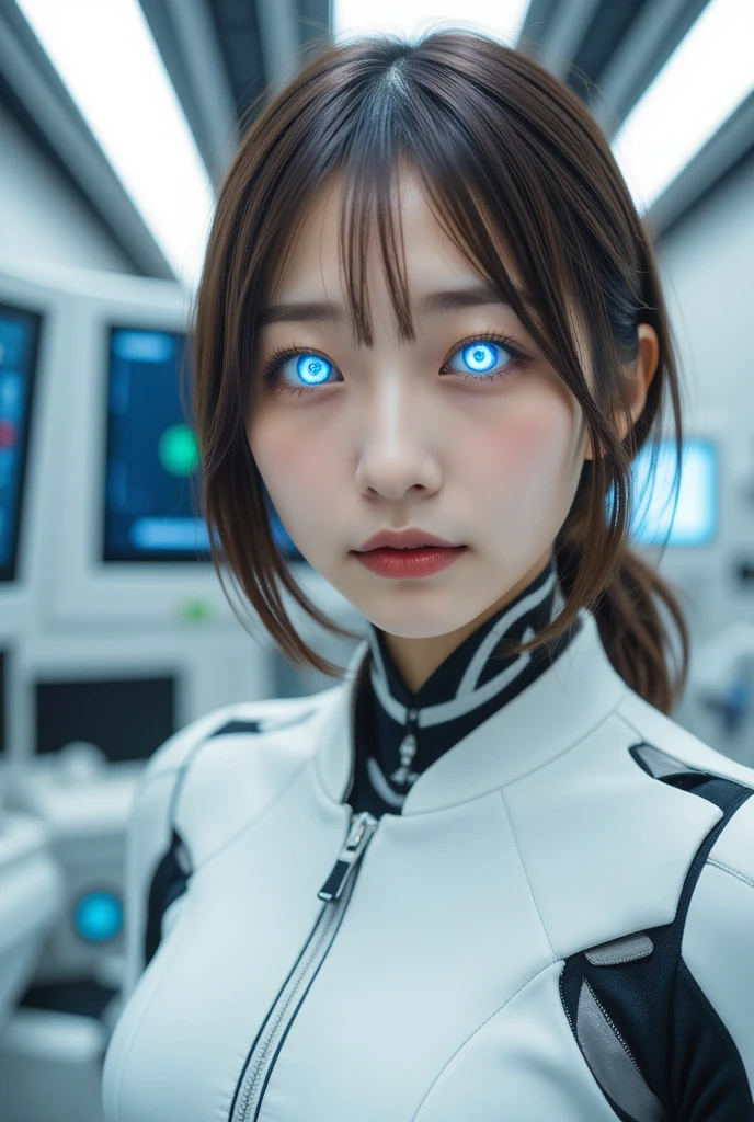 1girl,gal,android woman,realistic:1.37,perfect anatomy,(full body portrait),close-up of woman,Cute and completely beautiful Japanese idol, female model,Modified into a cute cyborg,(blue led eyes:1.3),(white bio acrylic body:1.2),detailed connection lines, Wires and cables connecting to the head,cybernetics,cyber 3ink,intricate decorative details,The background is the interior of a robotic operating room.,monitor screen