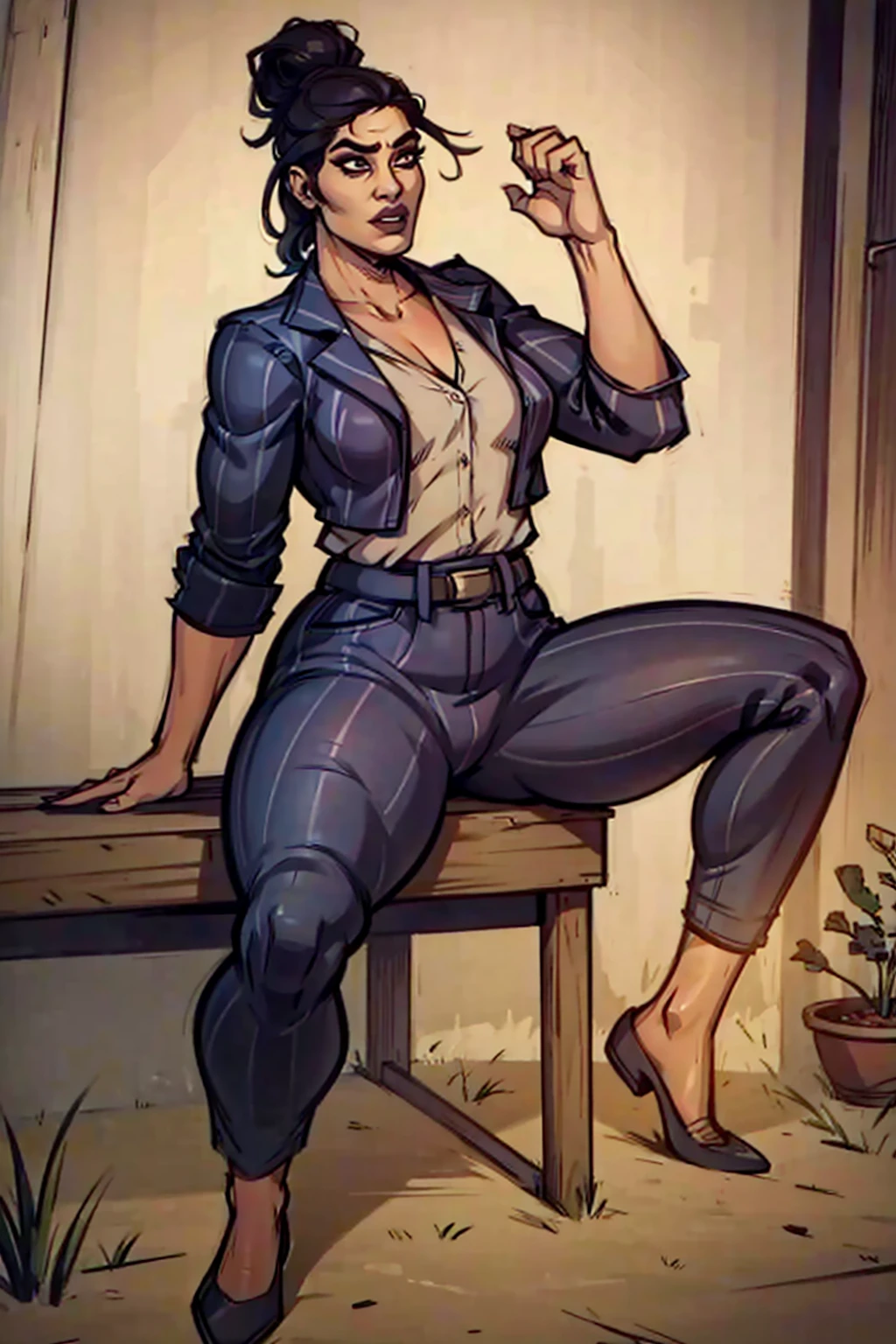 Digital art, highly detailed, angled view, sexy sitting pose, legs spread apart, hands held up in a fighting form, mature woman, adult female, full curvy figure, whole body, form-fitting, Jane Romero (Dead by Daylight) inspired costume, pinstriped blazer, blouse, belt, pinstriped baggy pants that ends above the ankle, belt, flat office shoes, 1woman, solo, upper body, lower body, ((Extremely Detailed)), ((Best Quality)), ((Masterpiece)), ((4k)).
