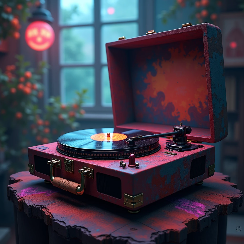 Vintage Record Player, with the powerful and expressive moving shadows, mesmerizing, theatrical scene unfolds in light and dark.

full body, Professional, perfect composition, ultra-detailed, intricate details, best quality, masterpiece