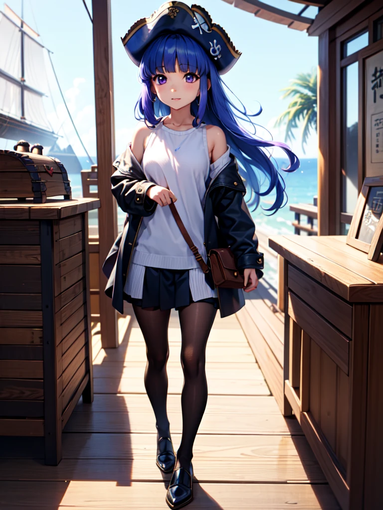 (Eye patch), One Girl, alone, (Furude Rika), Blue Hair, Purple eyes, Long Hair, blunt bangs, bangs, AnimeChibi, Holding a treasure map、Female pirate planning strategy in the cabin of the ship。The eye patch and leather outfit are distinctive.、A treasure chest can be seen behind。A situation filled with tension and adventure。
, pirate, pirate hat, deck, coat, bare shoulder, 