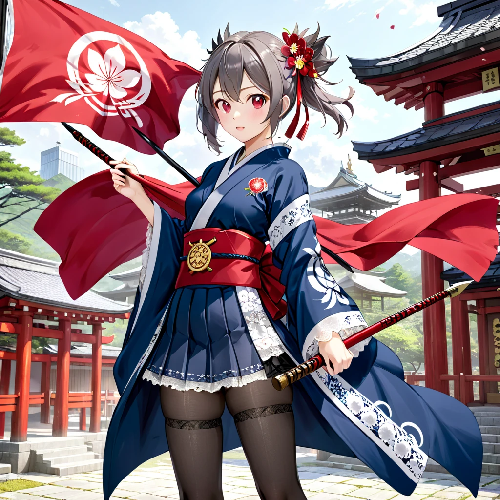 (   Very Detailed CG Octane Rendering 8K Wallpaper with Long Spears ),   World's Most Beautiful Artwork  ,  A flag with a coat of arms attached to a long spear,  complicated,   high detail, Shrine maiden, Lace embroidery,   Japanese Kimono, cotton cloth,  Strong winds,  gray tights ,   best quality, Disarray of clothing,   thighs, Skirt lining, Bloomersー、long red hakama 、 with a flag attached to a long spear 、、Ramparts、Bloomers
