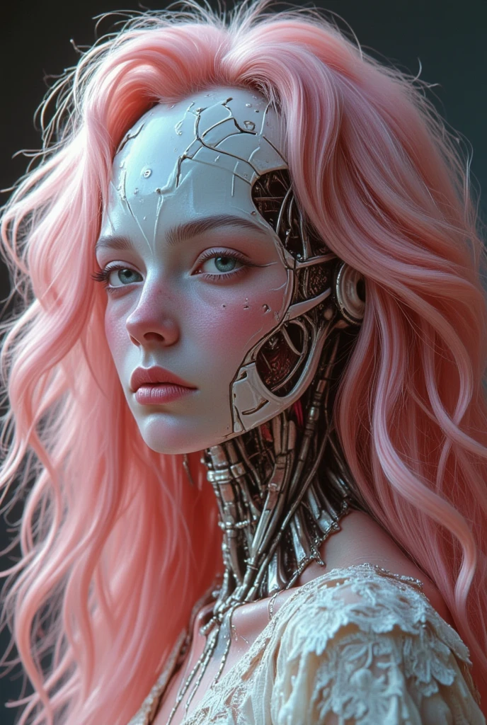 Character Sheet, Long wavy, light pink hair, complex 3d render ultra detailed of a beautiful porcelain Front face woman android face, cyborg, robotic parts, beautiful studio soft light, rim light, vibrant details, luxurious cyberpunk, lace, hyper realistic, anatomical, facial muscles, cable electric wires, microchip, elegant, beautiful background, octane render, H.R. Giger style