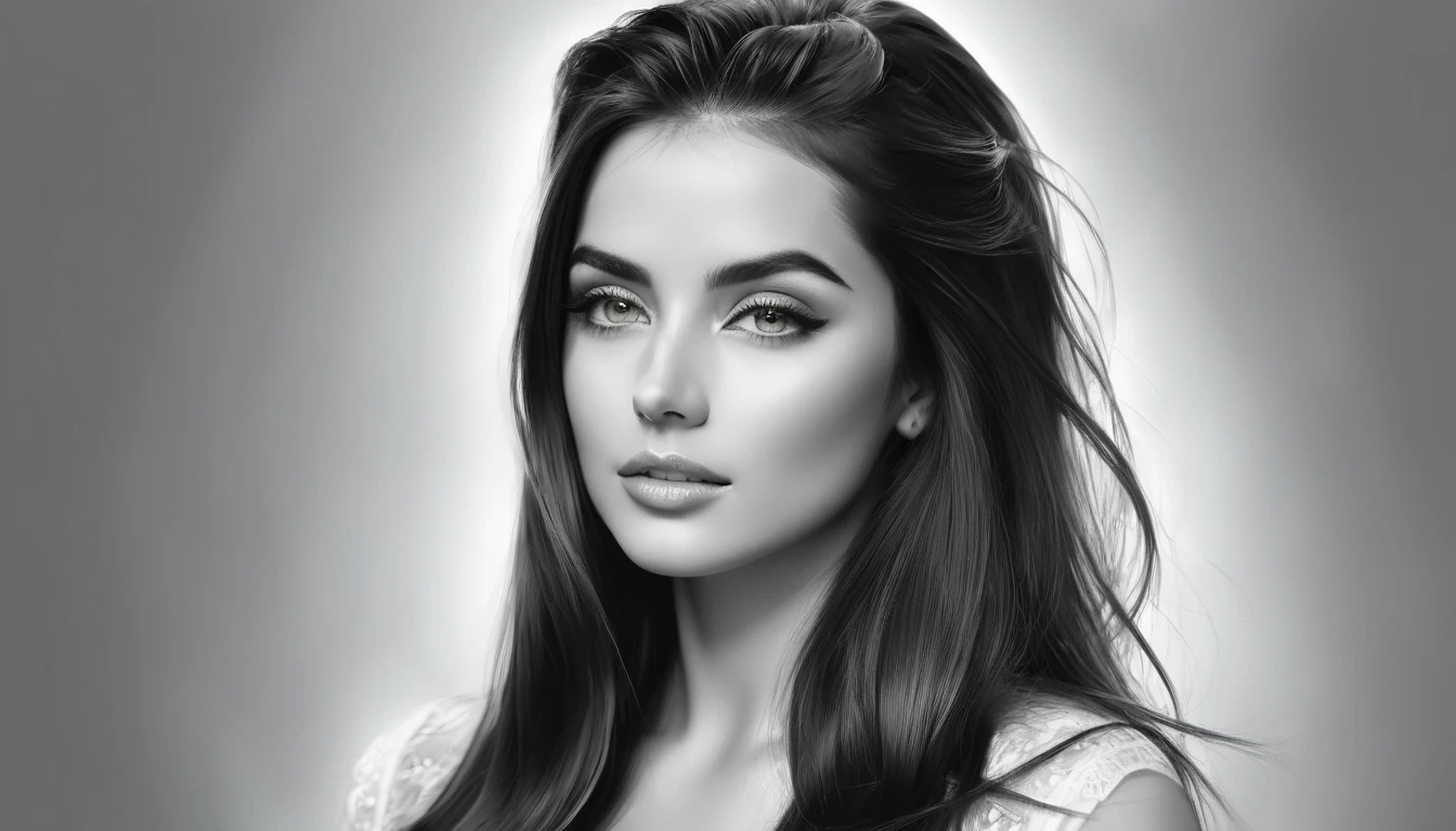 a black and white photo of a woman with long hair, realistic digital drawing, realistic digital art 4k, realistic digital art 4 k, glossy digital painting, elegant digital painting, beautiful drawing style, exquisite digital illustration, beautiful digital art, gorgeous digital art, airbrush digital oil painting, beautiful gorgeous digital art, digital pencil painting, detailed beauty portrait