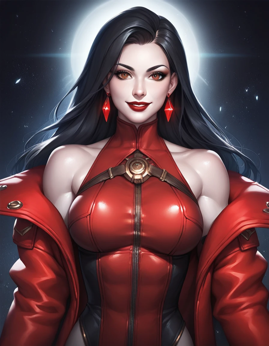 Portrait, Zatanna in a silky red dress, hourglass figure, symmetrical figure, highly detailed face, beautiful face, calming blue eyes, lush red lips, smiling, alluring, stunning digital illustration, mysterious quantum environment, cosmic elements and ethereal atmosphere
