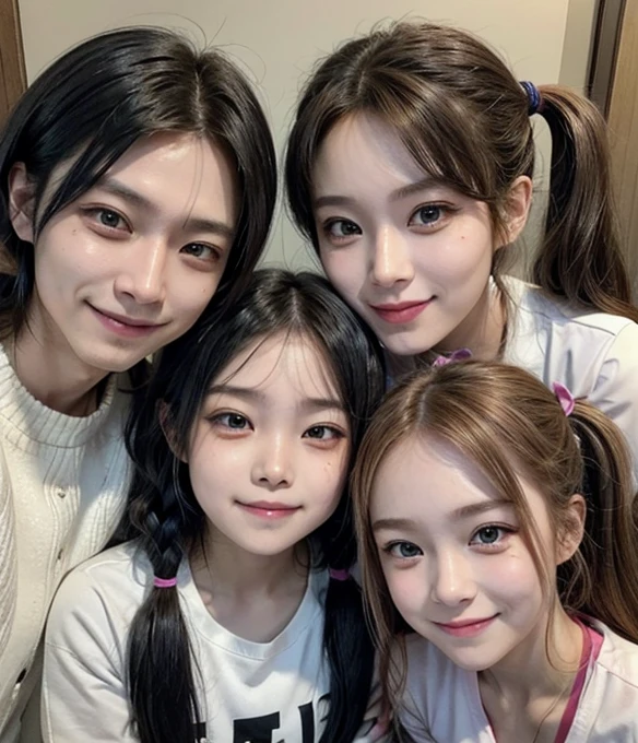 Realistically generate a 19 year old boy, a girl of 9, a 7-year-old boy and a with features of Jungkook and Jimin from BTS (as if they were your parents) and each one, give an elf or dragon quality between white or blonde hair, gray or green eyes, pointed ears or white scales