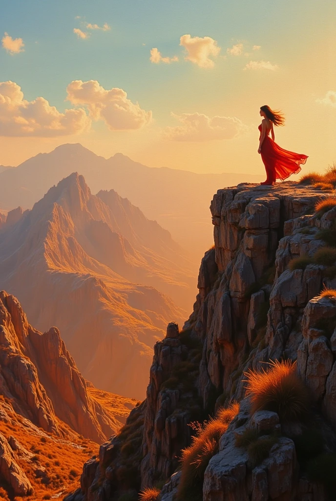 Oil painting, mountains in warm shades, on the top in the distance you can see the silhouette of a woman in a red dress fluttering in the wind
