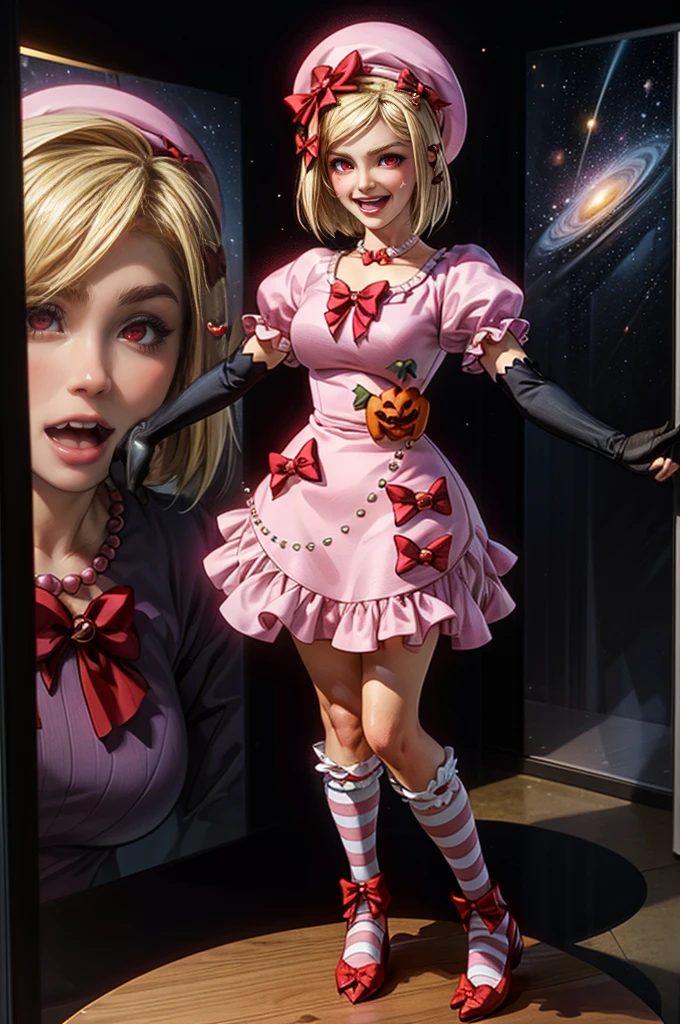 (1 lady), The beautiful, (Best quality at best:1.4), (ultra - detailed), (extremely detailed CG unified 16k), gold blonde hair, very detailed, High-definition RAW color photo, professional photoshooting, amazing face and eyes, cosmetics, (amazingly beautiful girl), ((lambdadelta, taller, tall woman)), ((dress, shoes bow, red shoes, striped stockings, red bow, pink hat, necklace, gloves, pearl, pumpkin brooch, pink dress)), levitating in a cute posture (floating in the air), (She's levitating in a cosmic sea, outer space:1.3, quantum hyperspace room lacking walls, hyperspace chamber, extremely detailed background, a lot of details background, realistic background), (look from above), realistic cinematic face, head to feet long wide zoomed out view, full body long view, photorealistic, ((realistic natural blonde hair style, red eyes)), gorgeous, extremely beautiful face, perfect model beauty, pout mouth, Highly Detailed Face and Skin Texture, Detailed Eyes, Double Eyelids, Big Breasts, Persistent Stare, Faith Trance, (mystical stare, looking eternity), (masterpiece), best quality, high resolution, depth of field, cinematic lighting, amazing legs, pink combat boots, clear and well-cared skin