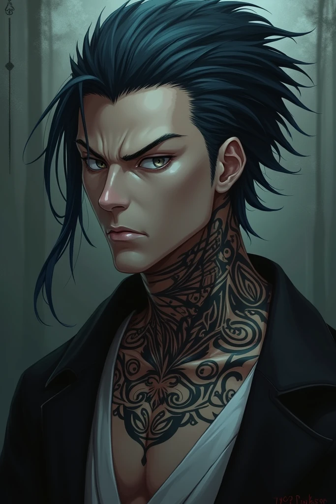 He has black hair cut into a Mullet, piercings in his ears, he smokes and has tattoos on his neck, and a snake tattoo on his arm, blue eyes and well-shaped pink lips, broad shoulders.