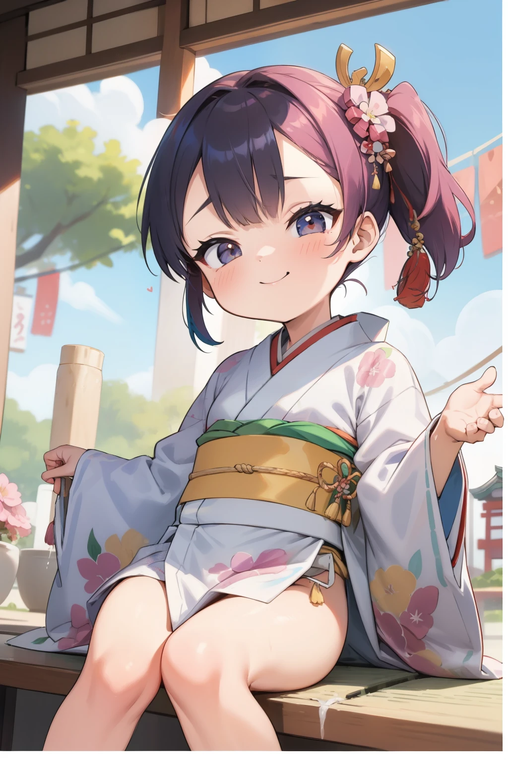 ( Japanese )，  young girl， Cute Loincloth ，Japanese festival，Cute kimono，I saw the world，Urine stains，(Side Pony,  colorful hair)，