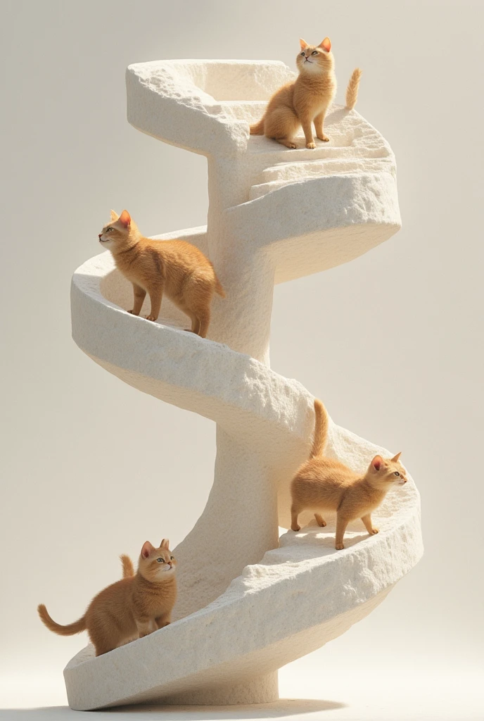 Penrose stairs made of very realistic stone, with cute cats happily walking on them, simple background. Cisse