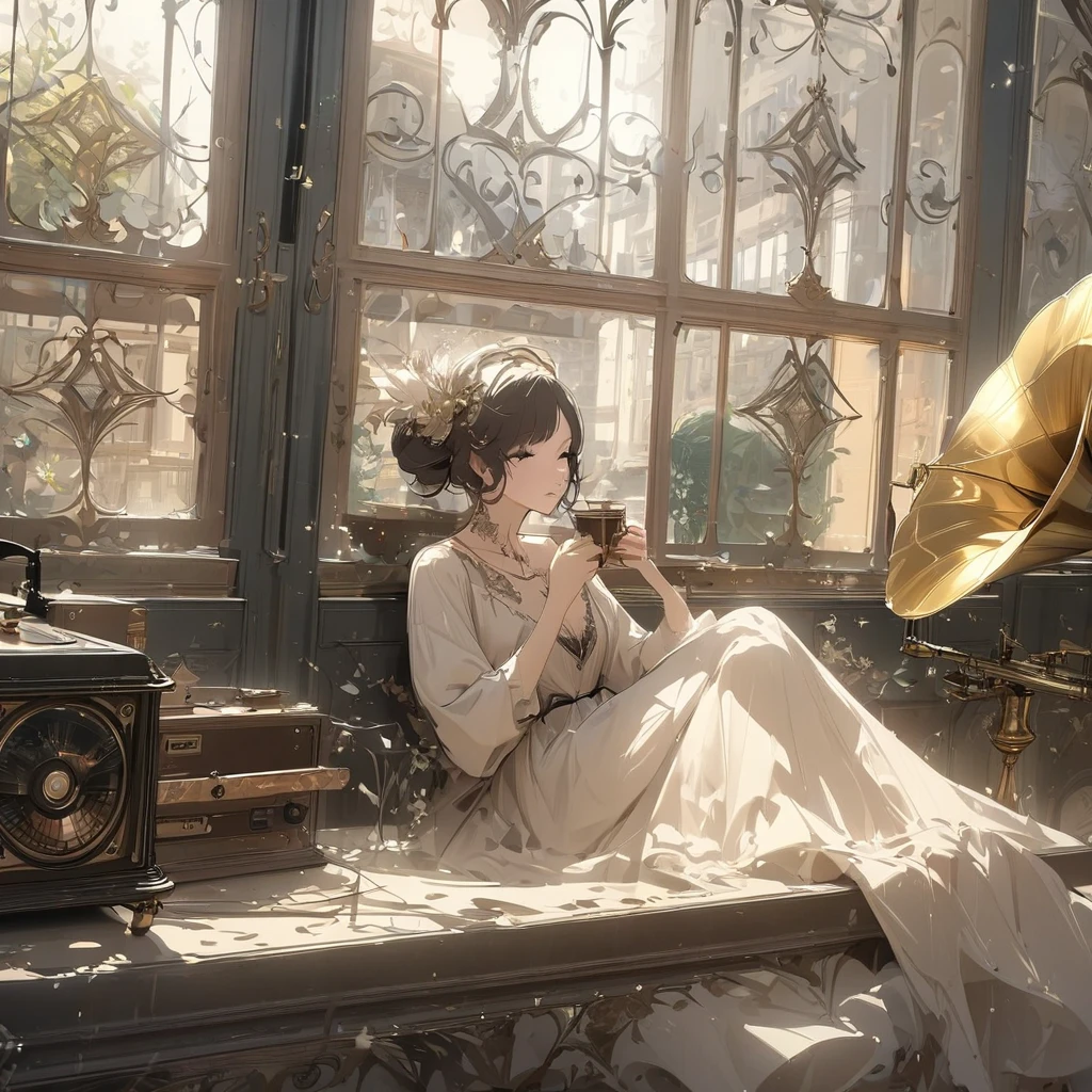 (Masterpiece, High Quality, High Quality, Detail, 4K, 8K, Aesthetics: 1.2), music playing on a vintage record player (a beautifully crafted gothic phonograph), retro and stylish cafe, a pretty girl (one) is sitting at a table next to a large phonograph, drinking coffee, outside a window Looking out the window, a park can be seen outside the window, a quiet and elegant time, a surreal and beautiful picture in which beautiful musical notes seem to be flying around in the store.