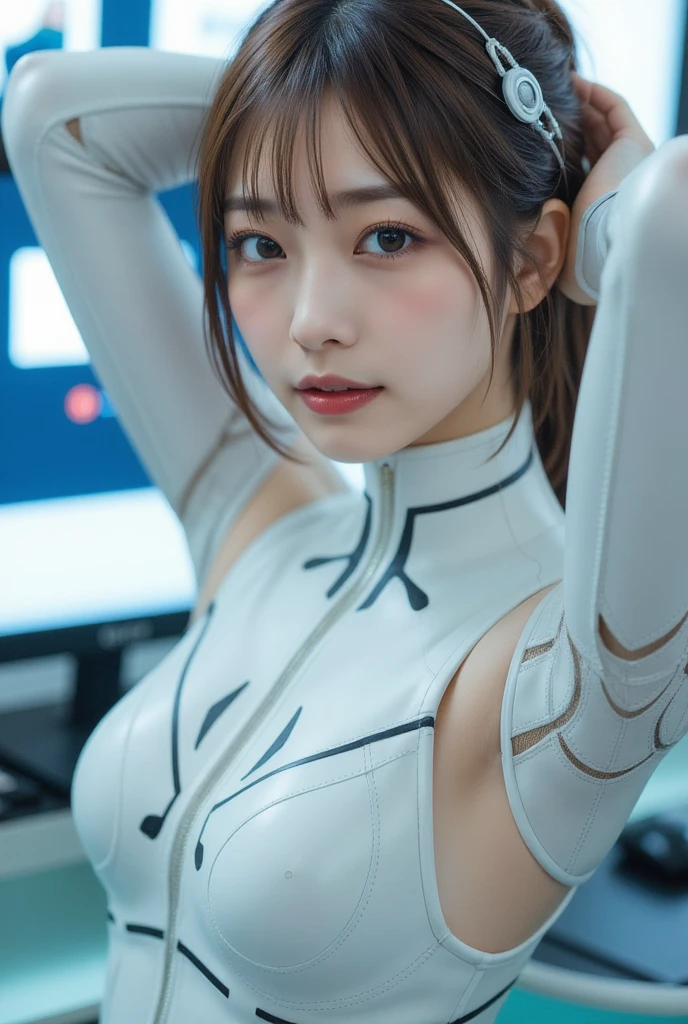 1girl,gal,android woman,realistic:1.37,perfect anatomy,(full body portrait),close-up of woman,Cute and completely beautiful Japanese idol, female model,Modified into a cute cyborg,(blue led eyes:1.3),(white bio acrylic body:1.2),detailed connection lines, Wires and cables connecting to the head,cybernetics,cyber 3ink,intricate decorative details,The background is the interior of a robotic operating room.,monitor screen