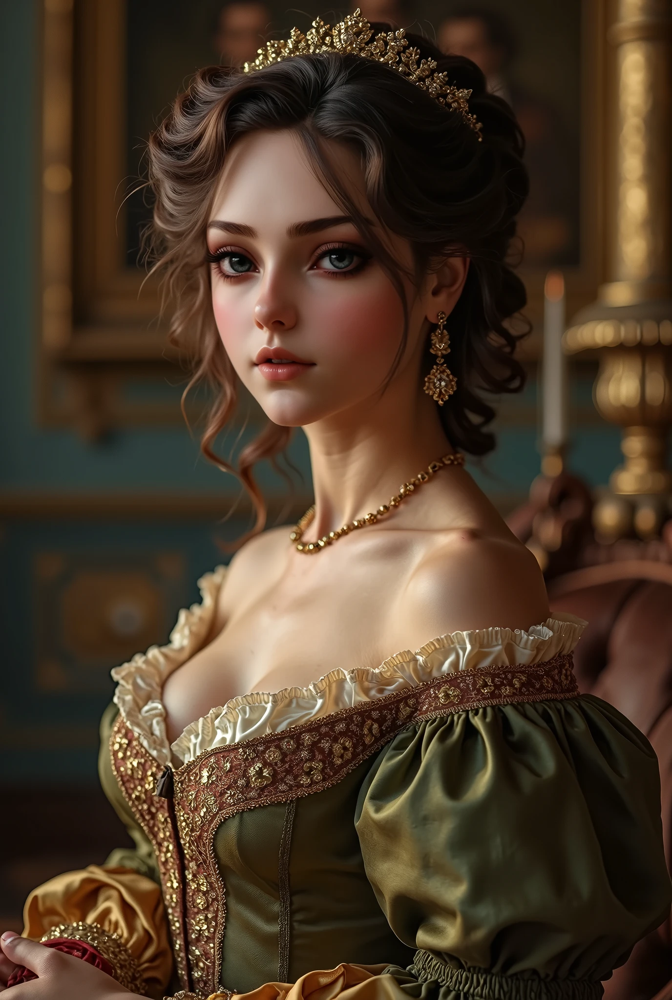  RAW Photos.  Anna Karenina 22 years old in period drama costume, Wore period drama costumes, Russia, 19th century AD, perspective, half body  Details,  sharp concentration, Slight mixing,  Details,  Feels Like The Middle Ages , (high skin  Details: 1,2),  8K HD Streaming,  DSLRs, Soft light,  High Quality , Fujifilm XT3 grainy film., Realistic, (beautiful and ample breasts, deep cleavage:1.5) and a huge waist, , dynamic sexy poses,