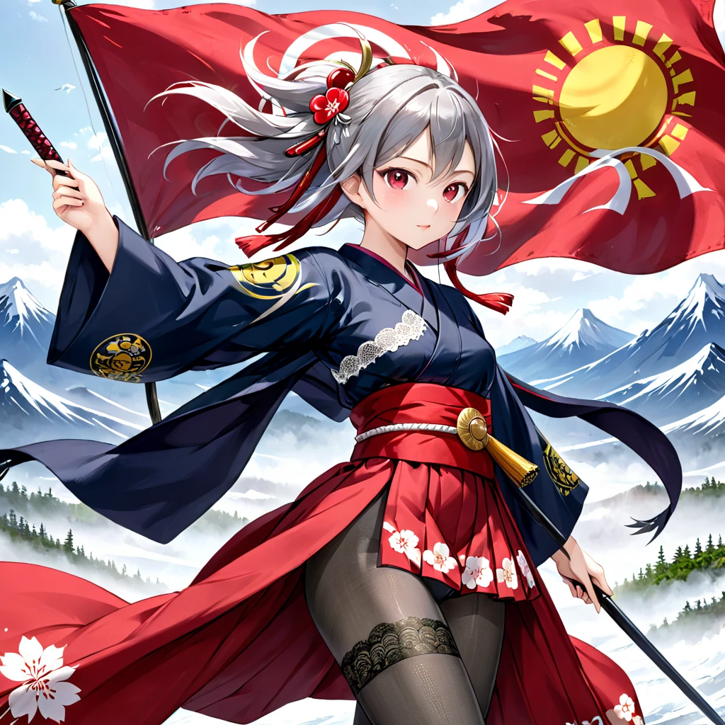 (   Very Detailed CG Octane Rendering 8K Wallpaper with Long Spears ),   World's Most Beautiful Artwork  ,  A flag with a coat of arms attached to a long spear,  complicated,   high detail,  long red hakama , Lace embroidery,   Japanese Kimono, cotton cloth,  Strong winds,  gray tights ,   best quality, Disarray of clothing,   thighs,、 with a flag attached to a long spear 、、Ramparts、Bloomers
