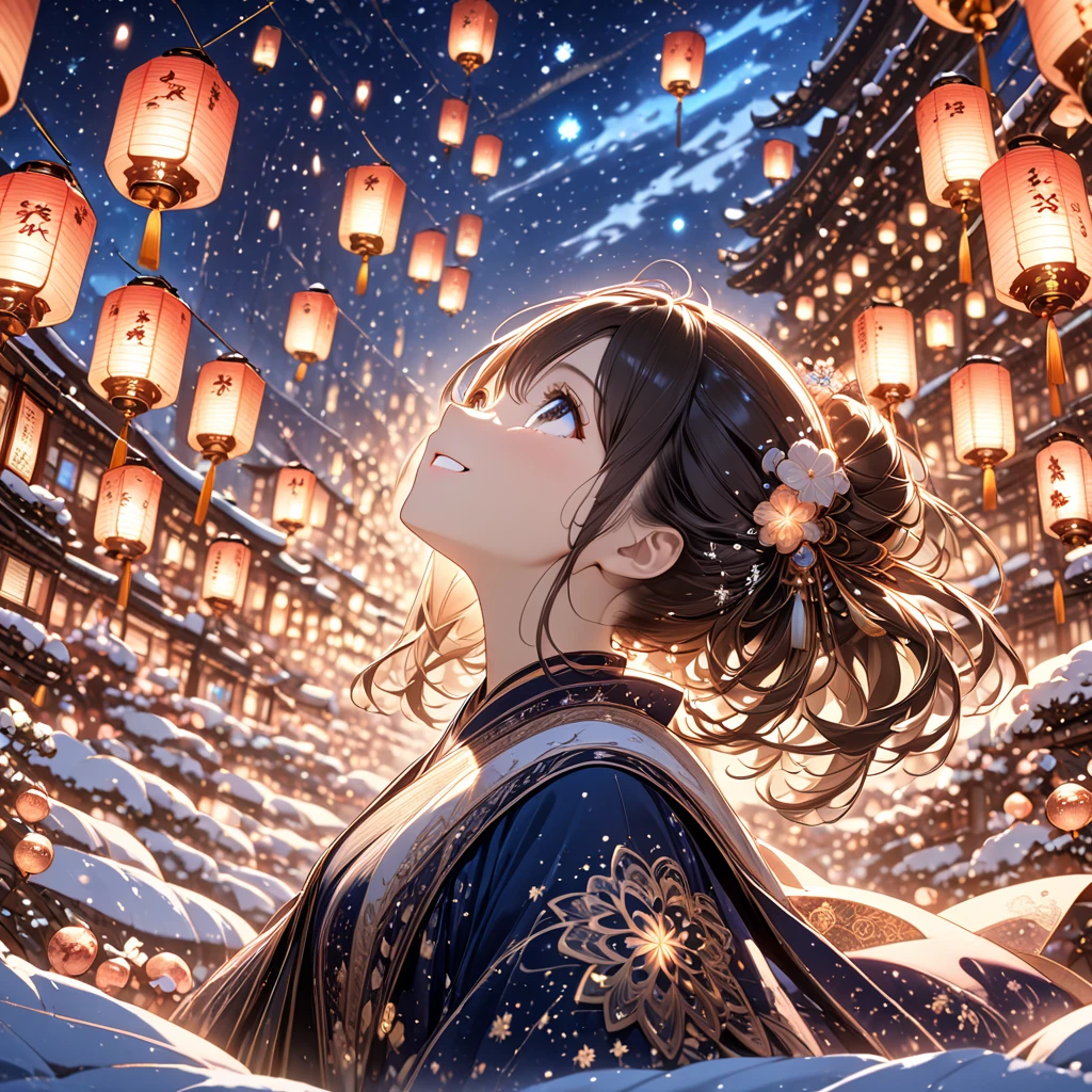  1 girl, beautiful detailed dark eyes ,  beautiful detailed face,playing 、Bright smile, Look up, from side, night,  many lanterns flying in the sky , Floating lanterns,Mr.々 astrological zodiac sign with connected stars, Sagittarius stars  ,Glowing lantern, Lantern Festival, great quality, masterpiece, Advanced Details, 4K UHD,winter、snow、horse