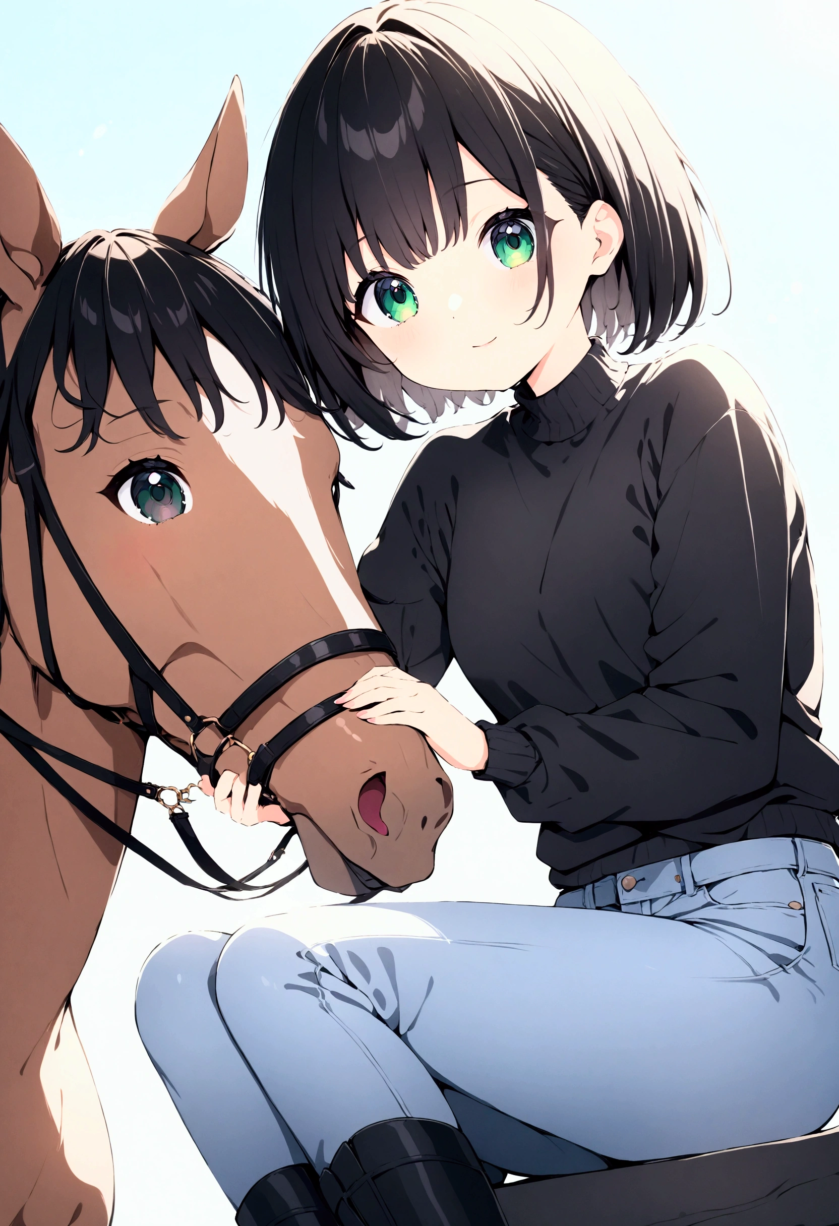  best quality、8k、Representative Works:1.3、 girl、1 person、1 personで、 petite and glamorous body 、curve、cute、 she smiles happily 、 beautiful bob-cut black hair 、 beautiful emerald green eyes、Put on pink lipstick 、Black jumper,Slim denim,Leather boots,Caring for the Horse,Clear sky,
