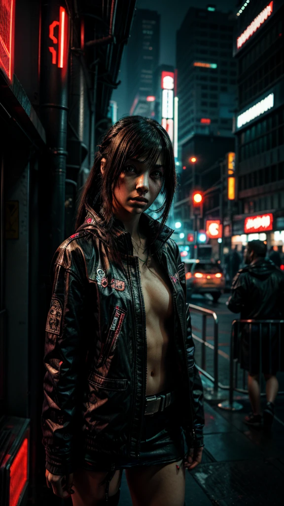 Photorealistic Image, A beautiful 18-year-old Asian girl with long wavey hair, depicted as a cyberpunk hack-warrior. She stands naked in the rain. The scene is set on a rainy night in a cyberpunk city, with dark streets illuminated by neon lights reflecting off the wet pavement. The image style is cyberpunk, capturing the gritty, high-tech world. The image should be in 8K UHD resolution, adding a sense of depth and clarity. Include film grain to give it a raw, cinematic feel. Camera: 35mm lens, medium shot, looking determined and fierce. Lighting: ambient light with neon lighting, highlighting the raindrops.