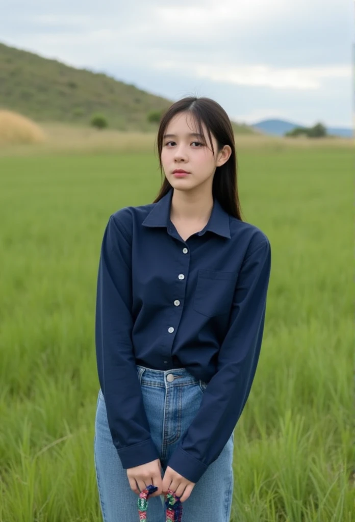 A photography of thai woman 18 years old wearing , Long-sleeved shirt with a navy collar, buttoned, Long Legged Jeans,, standing in the grass, short , on the back is a low hill. ,Holding a leg-colored ribbon 