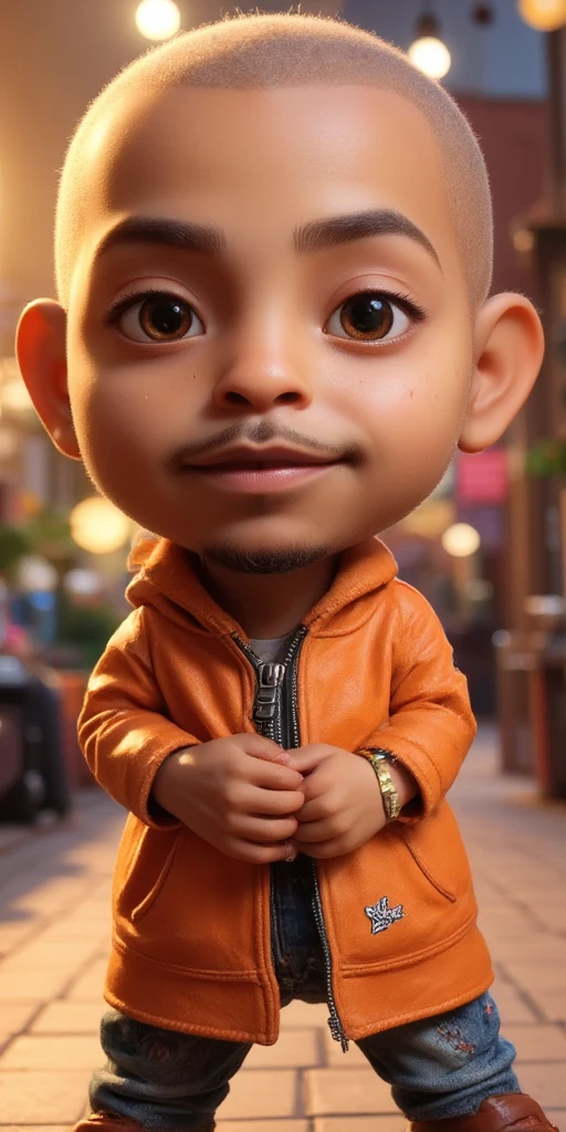 3D Pixar Disney Character Nztykle fresh shaven skin bald Head Handsome Man wearing Streetwear rapper in a music video