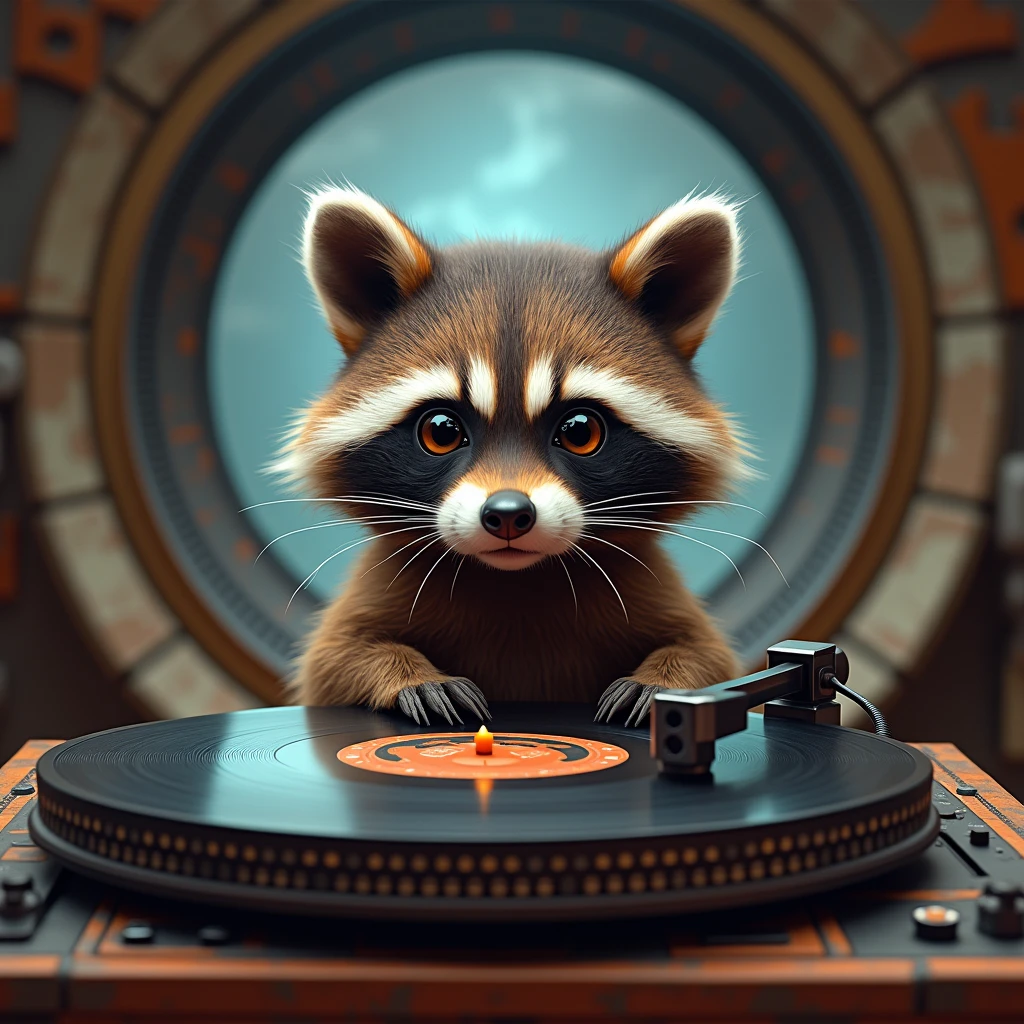 Vintage Record Player, Guardians of the Galaxy, a full body portrait of a tiny anthropomorphic raccoon on a spaceship, view from front, big eyes, professional lighting, color graded.

full body, Professional, perfect composition, ultra-detailed, intricate details, best quality, masterpiece