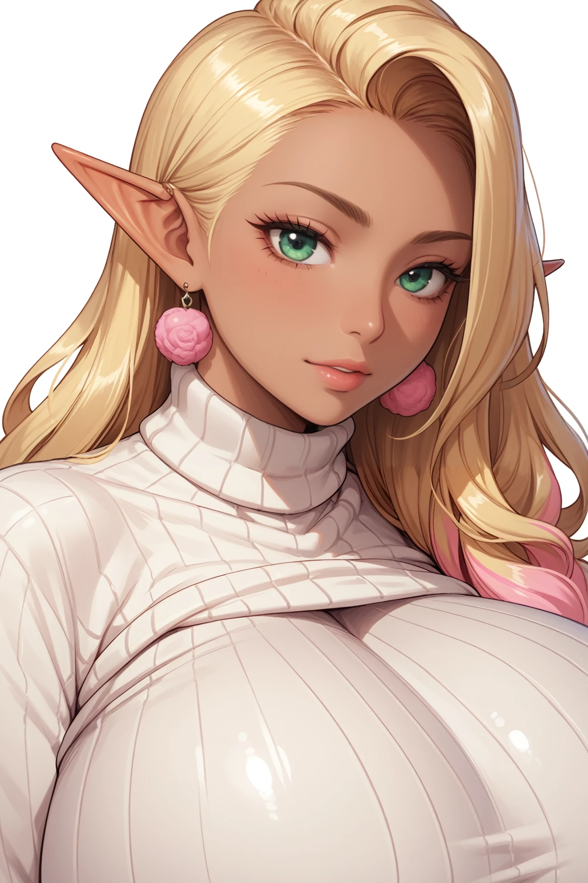 
score_9, score_8_up, score_7_up, 1girl,solo, upper body,looking at viewer, white background, voluminous long blonde hair, elf, makeup , parted lips, lipstick, eyeliner, bimbo, gyaru woman, gigantic breasts, sweater, mint green eyes