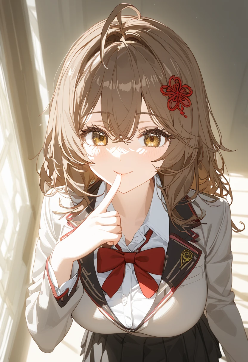 best quality, masterpiece, ultra detailed, detailed eyes, correct face, Beautiful body, beautiful light, beautiful sunlight, beautiful shadows, light shining through the window, 1girl, 1girl, solo, maria mikhailovna kujou, Medium hair, bangs, brown hair, hair ornament, hair between eyes, brown eyes, ahoge, skirt, shirt, long sleeves, bow, school uniform, jacket, white shirt, pleated skirt, collared shirt, bowtie, black skirt, red bow, red bowtie, blazer, grey blazer, long sleeves,large breasts, put index finger on mouth, from above, upper body, looking down, Smile, Looking at Viewer,