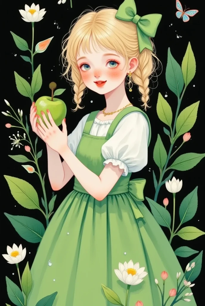 1girl,apple,artist name,black background,blonde hair,blush,bow,bug,butterfly,closed eyes,double bun,dress,flower,food,freckles,fruit,green bow,green dress,green ribbon,hair bow,hair ribbon,hair rings,holding,holding fruit,leaf,lemon,lily of the valley,lily pad,open mouth,plant,puffy short sleeves,puffy sleeves,ribbon,short sleeves,signature,simple background,smile,solo,twintails,water drop