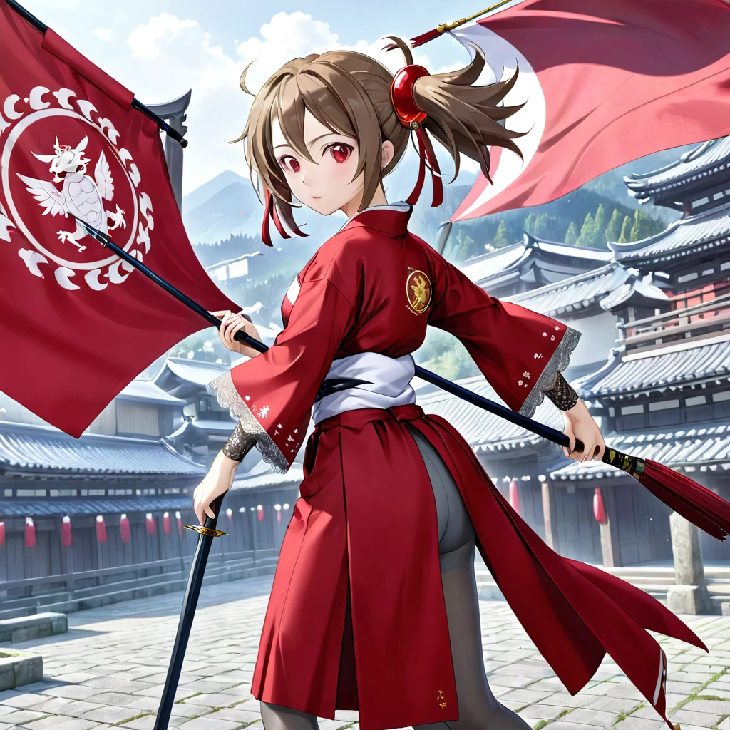 (   Very Detailed CG Octane Rendering 8K Wallpaper with Long Spears ),   World's Most Beautiful Artwork  ,  A flag with a coat of arms attached to a long spear,  complicated,   high detail,  long red hakama , Lace embroidery,   Japanese Kimono, cotton cloth,  Strong winds,  gray tights ,   best quality, Disarray of clothing,   thighs,、 with a flag attached to a long spear 、、Ramparts、Bloomers
