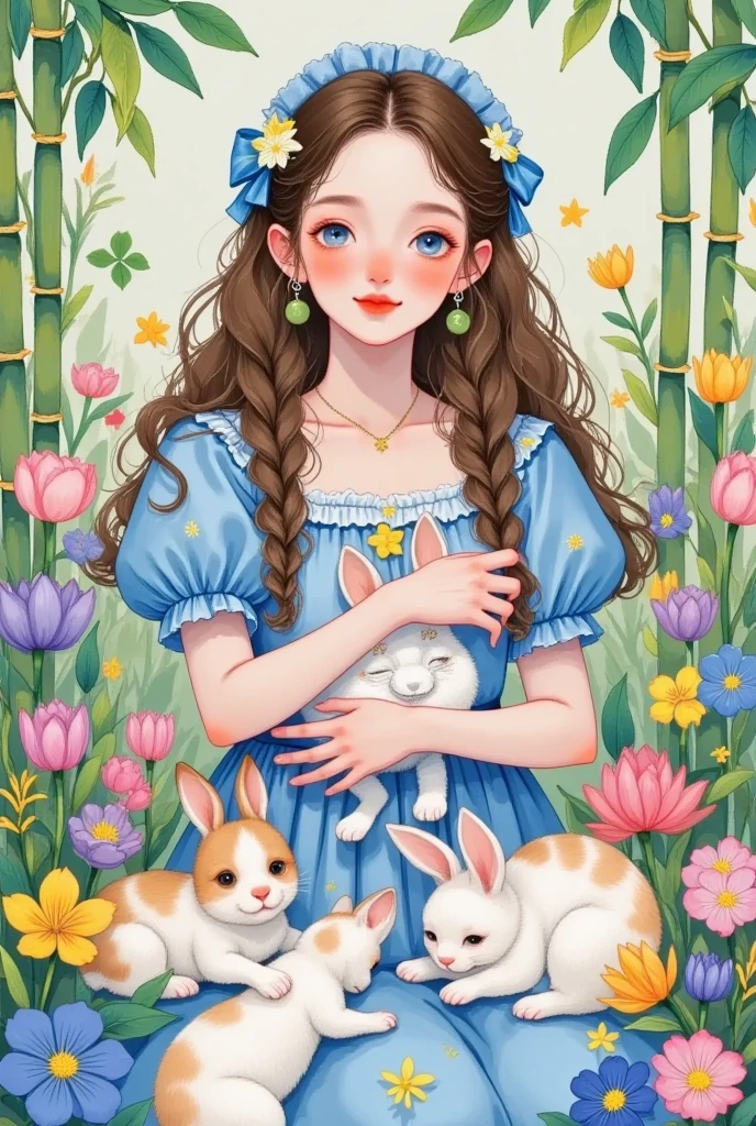 1girl,animal,animal hug,animal on lap,bamboo,bangs,blue bow,blue dress,blue eyes,blue flower,blue ribbon,bow,branch,brown hair,bunny,cactus,cat,clover,curly hair,dog,dress,earrings,flower,flower pot,four-leaf clover,fox,hair bow,hair ornament,hair ribbon,holding,holding animal,holding stuffed toy,ivy,jewelry,leaf,lily of the valley,lips,long hair,looking at viewer,morning glory,palm tree,parted lips,petting,plant,potted plant,puffy short sleeves,puffy sleeves,ribbon,seal \(animal\),sheep,short sleeves,smile,solo,star \(symbol\),star earrings,star hair ornament,swept bangs,tanabata,tanzaku,tulip,unicorn,upper body,vines,wavy hair,white cat